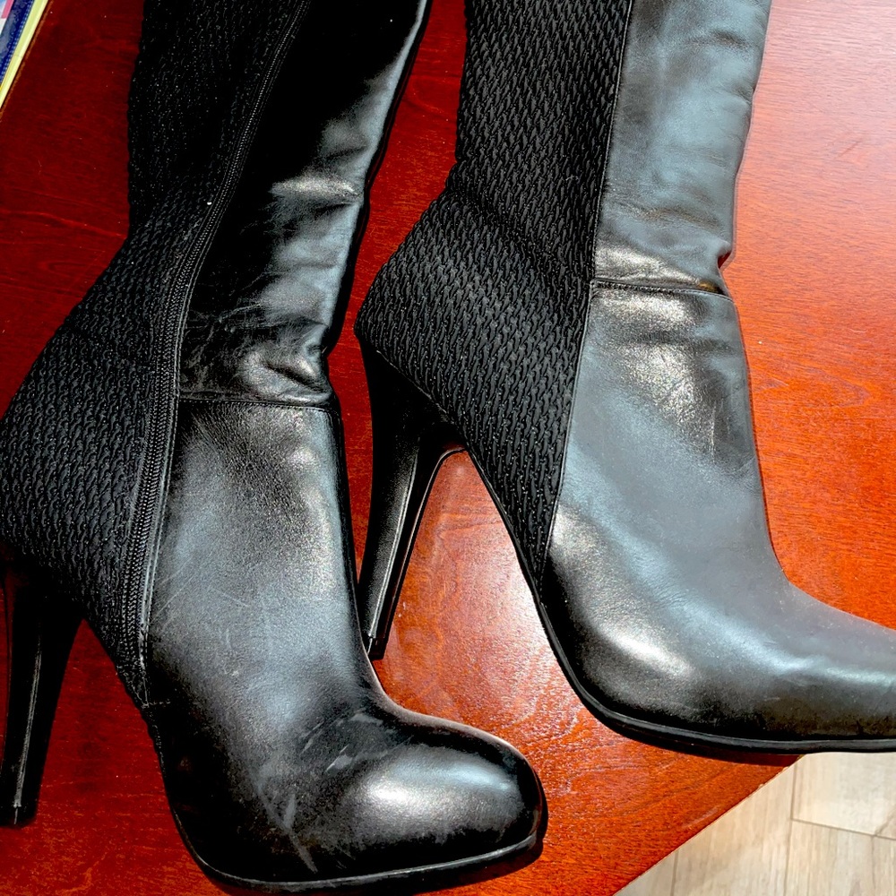 Metoo Leather Tall Black Heeled Boots 10